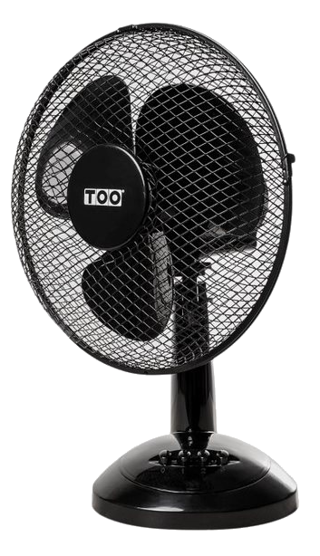 Fekete asztali ventilátor védőráccsal és kerek alappal. TOO logó.