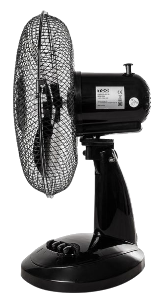 Egy fekete asztali ventilátor. Fémhálós védővel és fekete talppal rendelkezik.