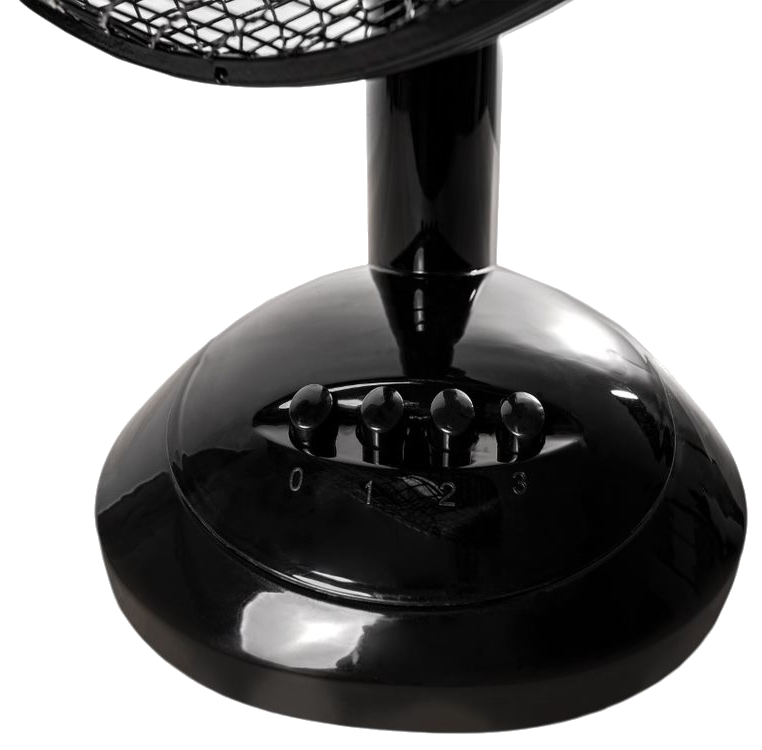 Fekete ventilátor alap sebesség beállításokkal. A ventilátor feje felül. Fekete háttér.
