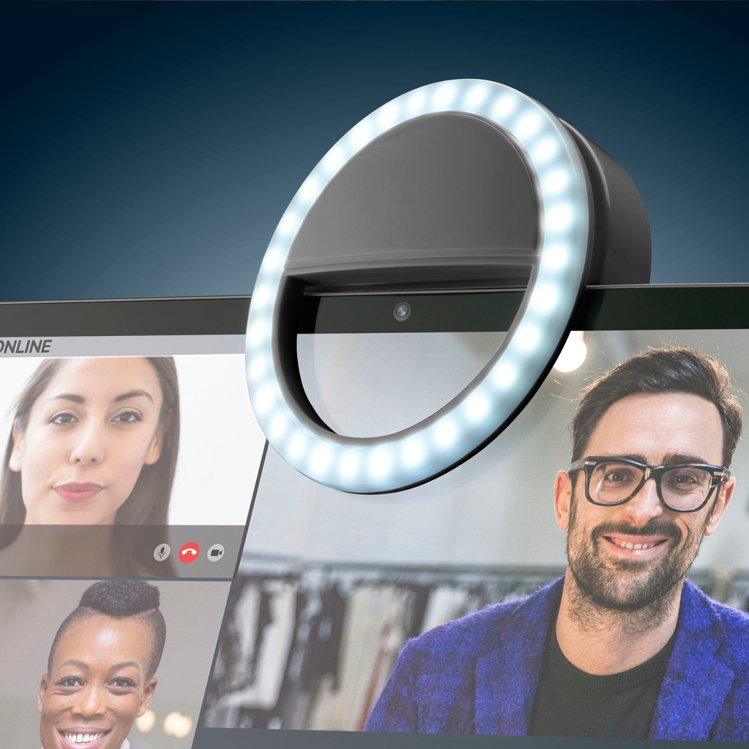 Ring light around a screen. A man is smiling on screen. Woman and woman are also on the screen.
