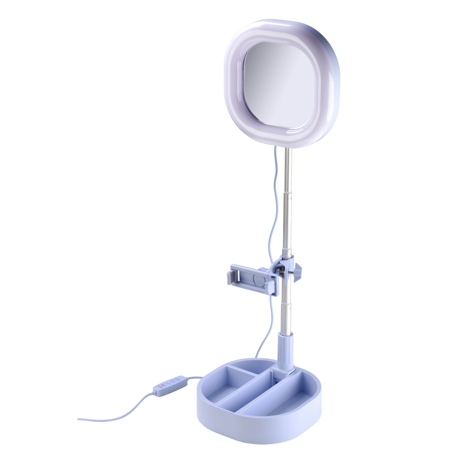 Makeup mirror with a light and a phone holder, on a blue base with trays.