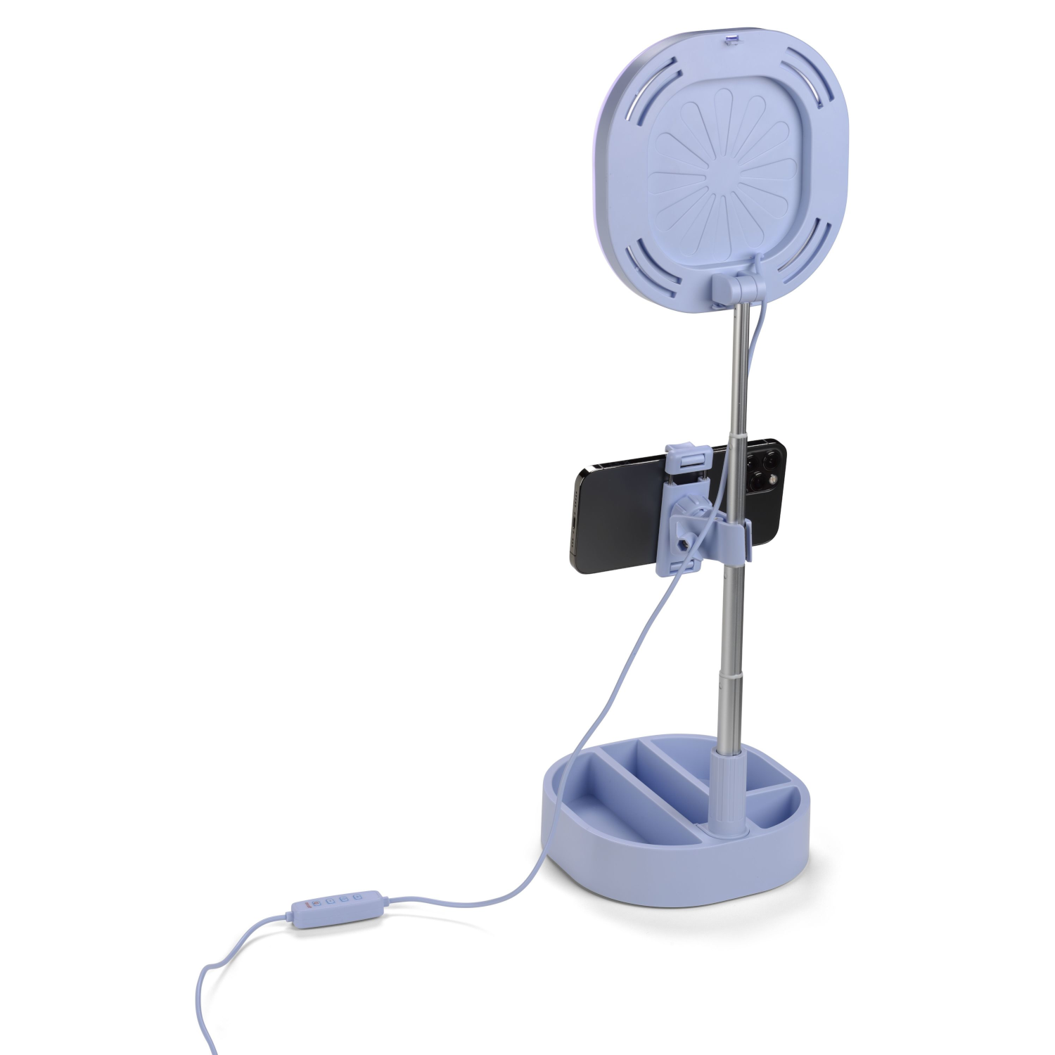 A blue ring light with a phone attached. It is connected to a wire and a stand.