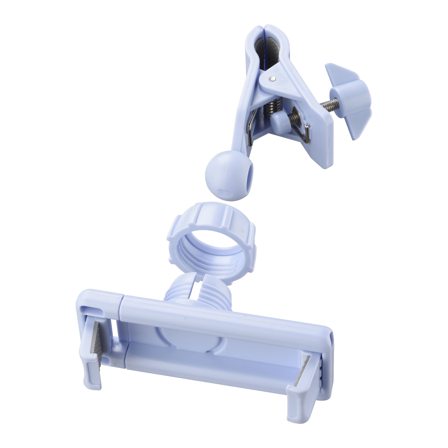 A disassembled light blue phone holder. It has multiple parts including a clamp and adjustable base.