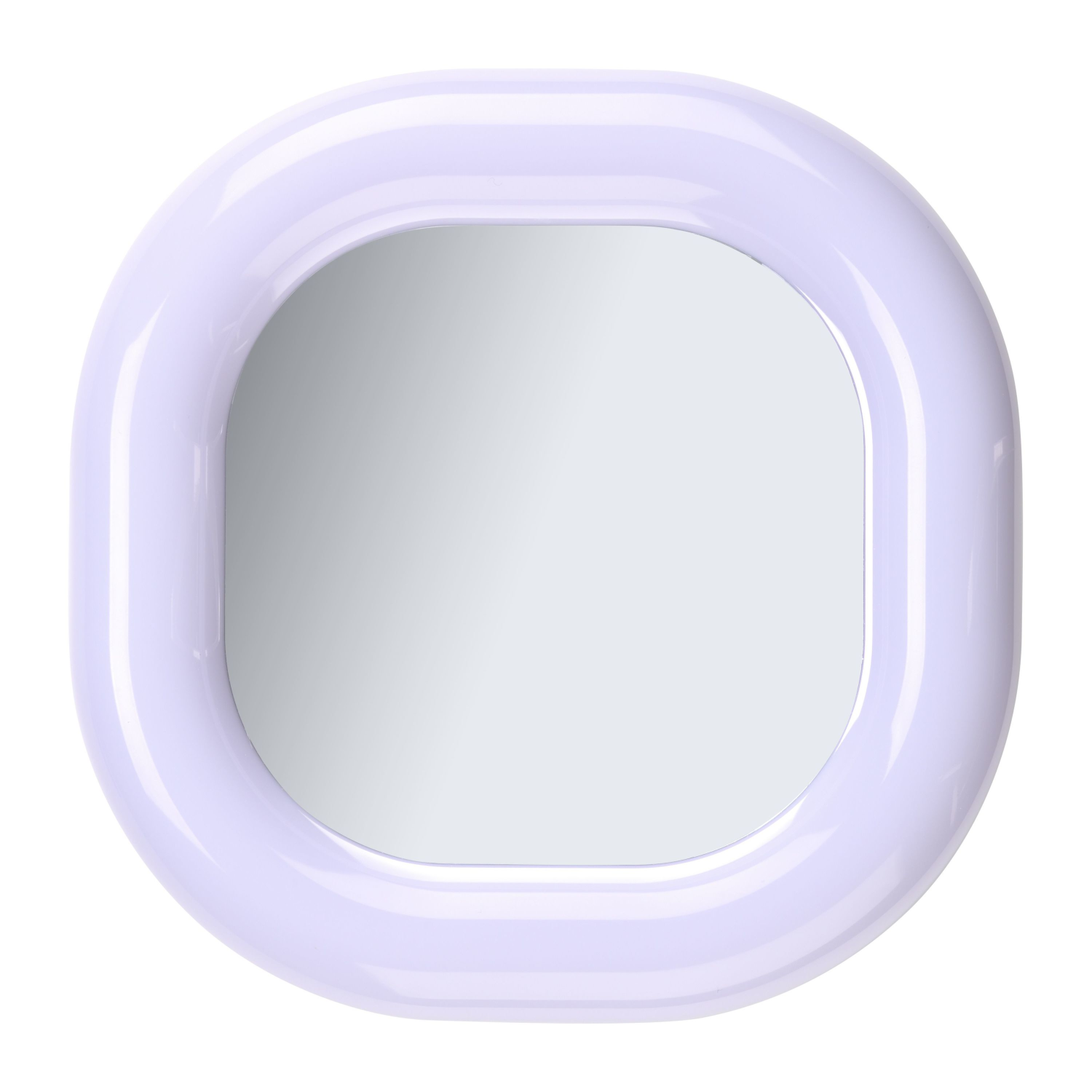 Round mirror with a purple frame on a white background. The mirror is in the center.