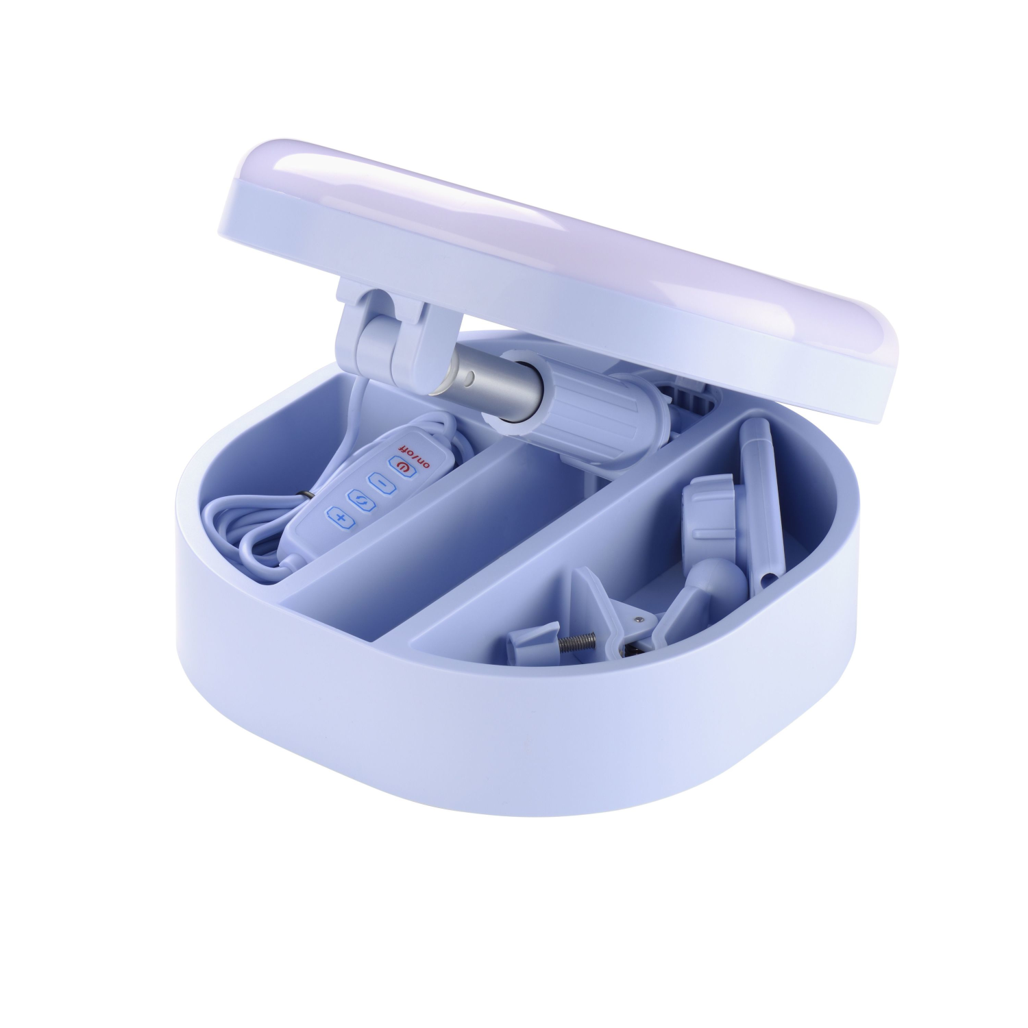 A light blue, open, compact makeup organizer with a light, compartments, and a charging cable.