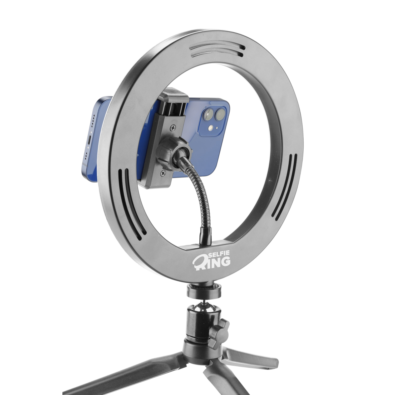 Black selfie ring light with a blue phone.