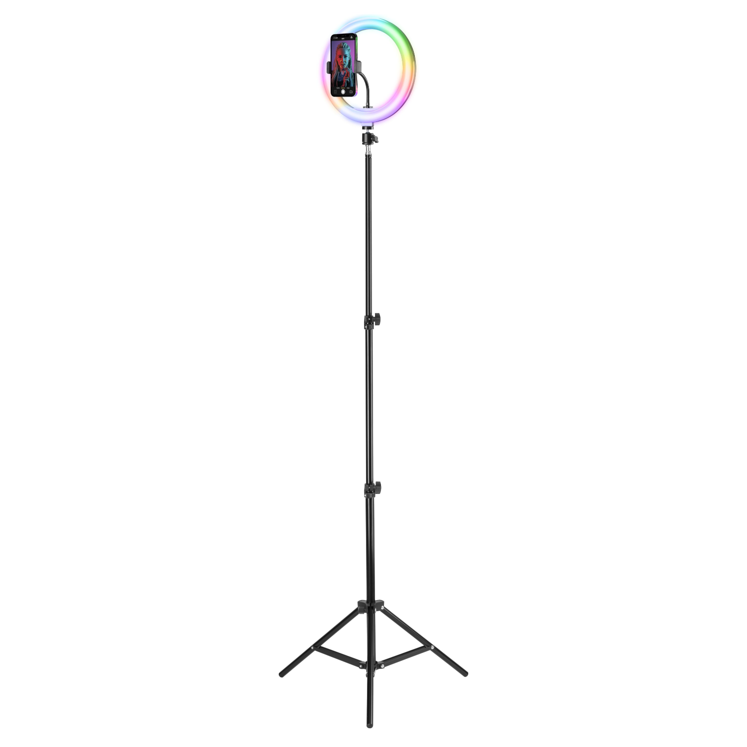 A ring light with a phone attached. It has a tripod base and a tall, adjustable black stand.