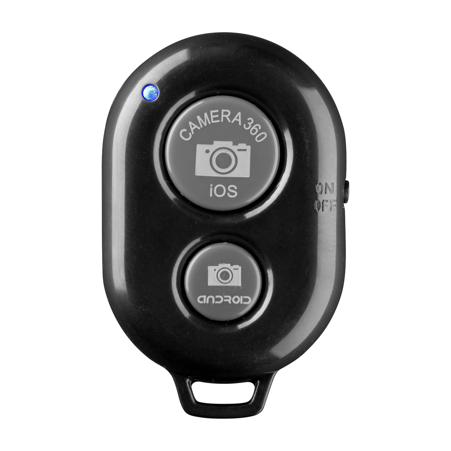 Black remote control with iOS and Android camera buttons. Blue light on top. White background.