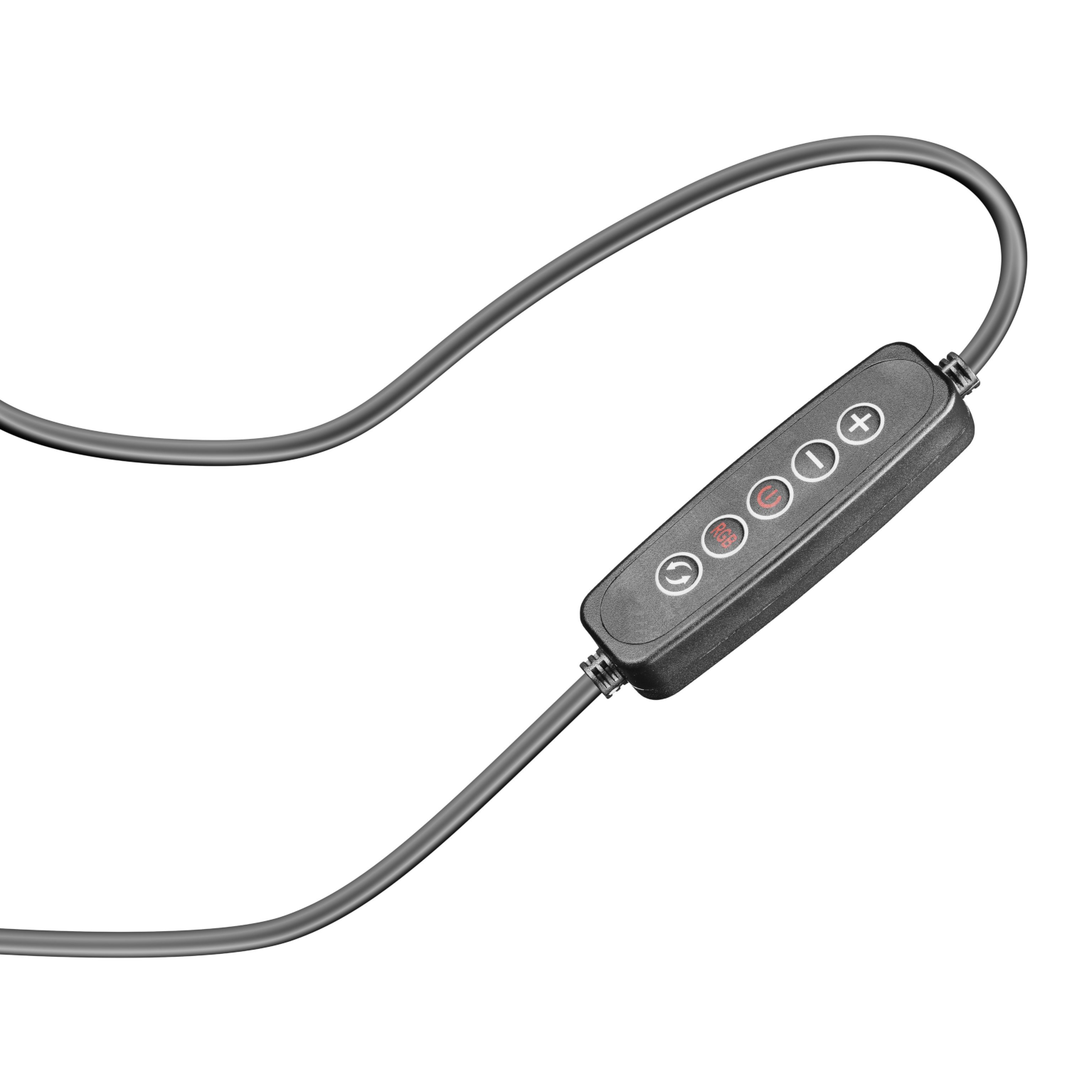 Black control panel on a cable. Buttons for power, volume, and settings. White background.
