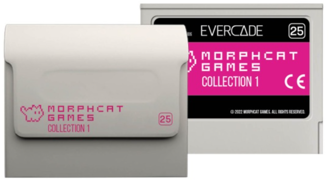 Zwei Videospielkassetten. Eine hat ein weißes Gehäuse mit rosa Text 'Morphcat Games Collection 1'. Die andere hat ein pinkfarbenes Etikett.
