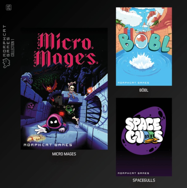 Das Bild zeigt drei Videospiel-Cover: Micro Mages mit Fantasy-Thema, Böbl mit Spritzer und Spacegulls mit Ente und Weltraum.