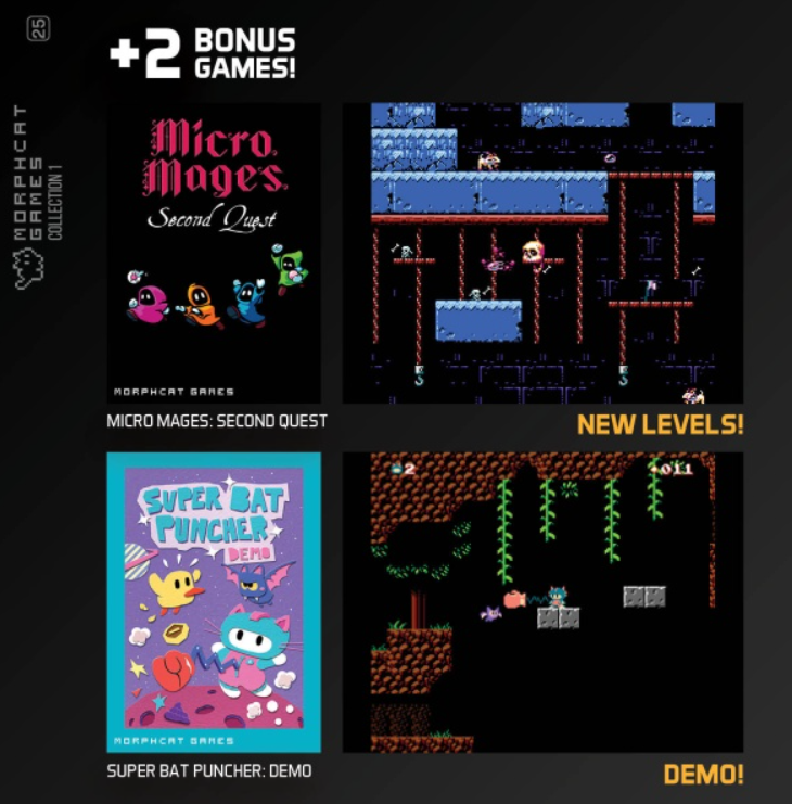 Werbebild von Micro Mages und Super Bat Puncher Spielen. Micro Mages zeigt Charaktere. Super Bat Puncher zeigt eine Katze und eine Fledermaus. Beide sind Demos.