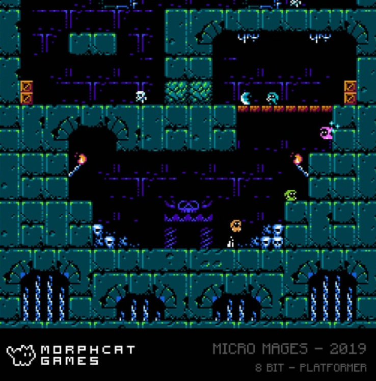 Eine pixelige Spielszene zeigt einen Dungeon mit Plattformen, Charakteren und Feinden. Die Grafik ist im Retro-8-Bit-Stil gehalten.