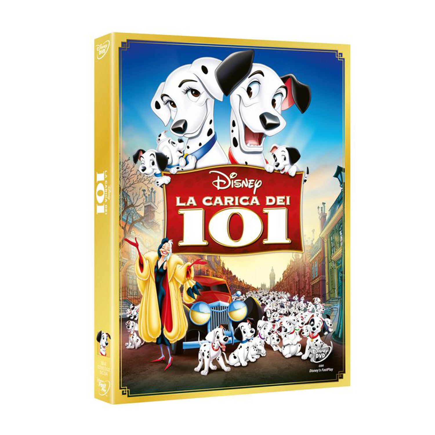 Copertina DVD de La carica dei 101, con cani e Crudelia De Mon.