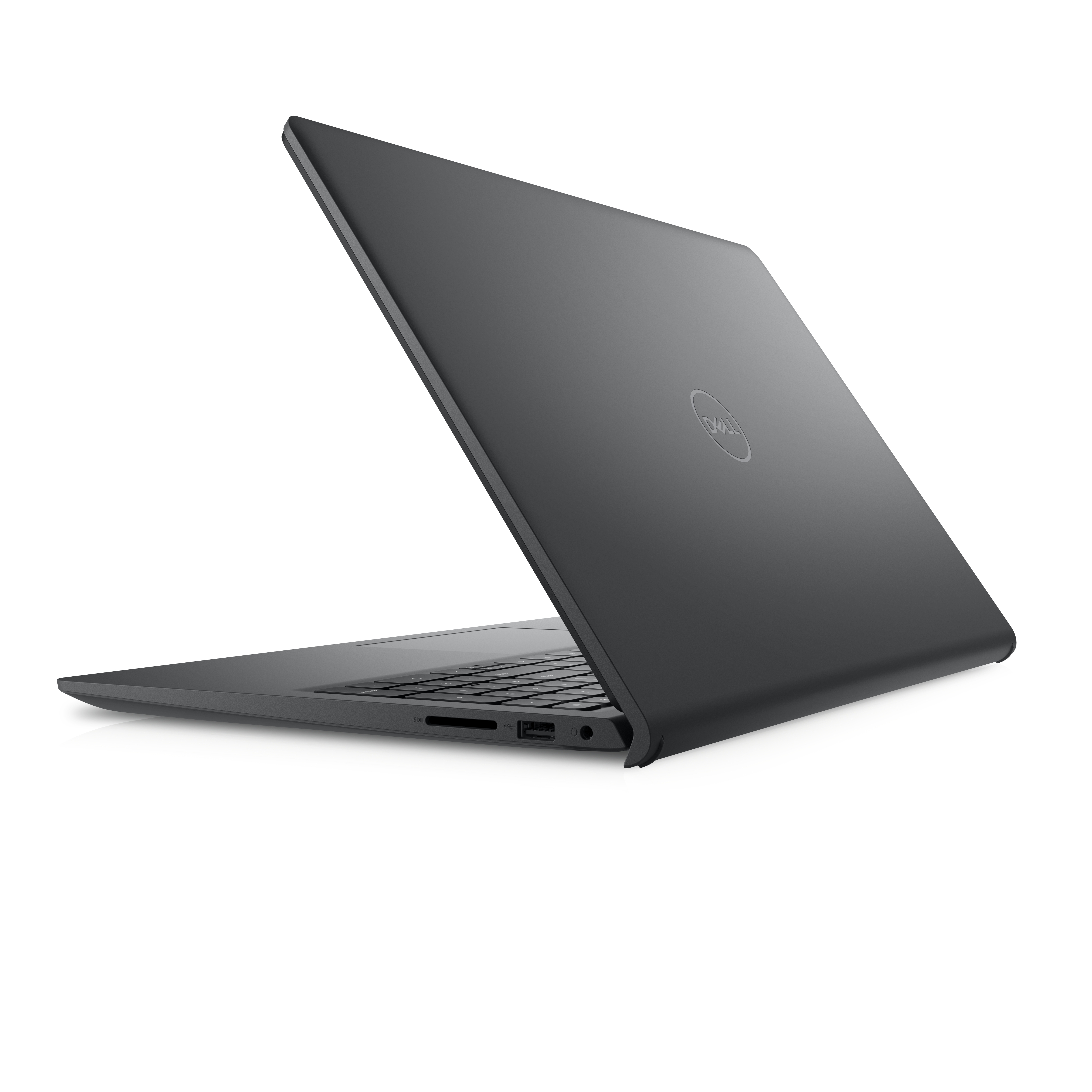 Ein grauer Laptop, der auf weißem Hintergrund geöffnet ist.