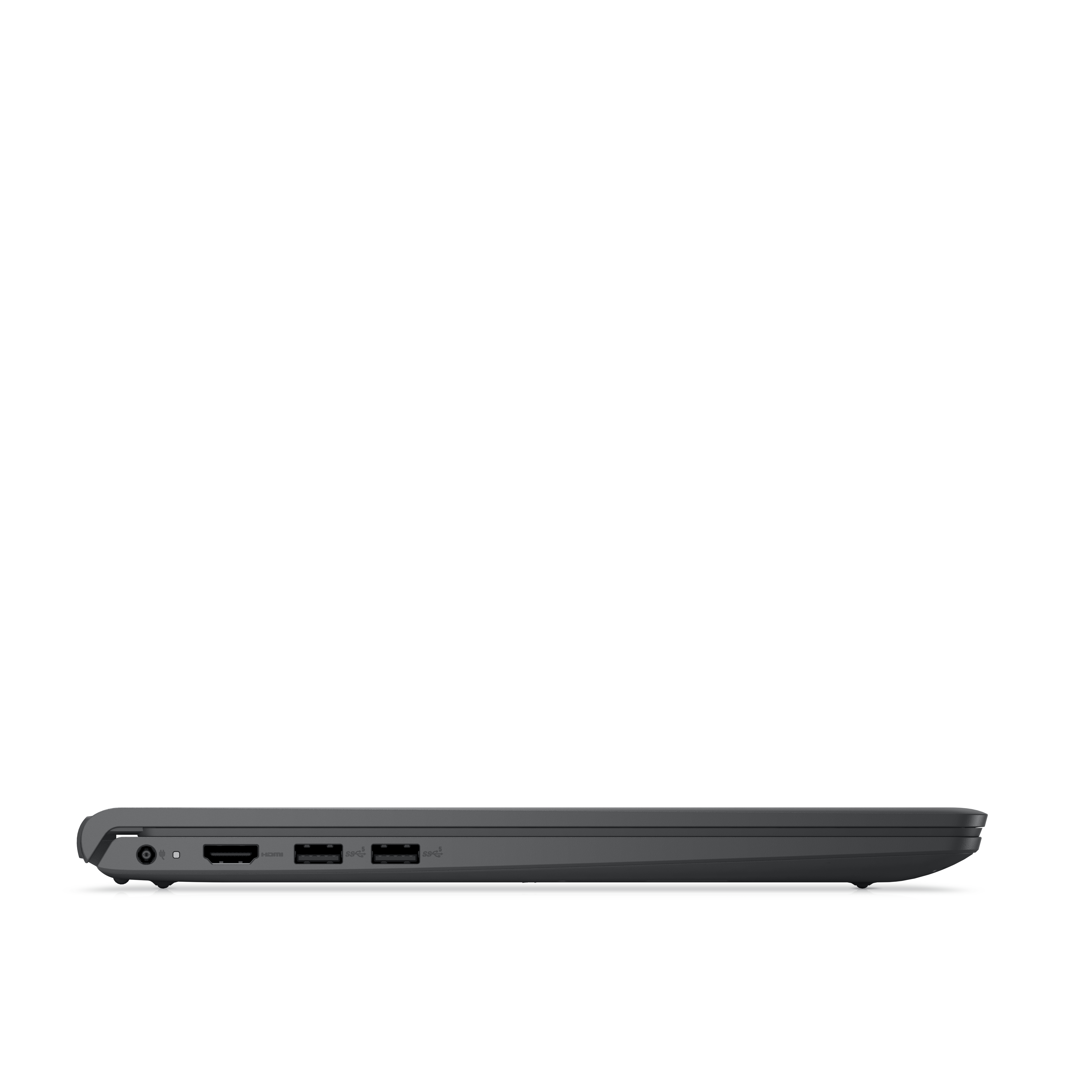 Seitenansicht eines Laptops. Dunkelgrau. Anschlüsse und Seitendetails sichtbar.