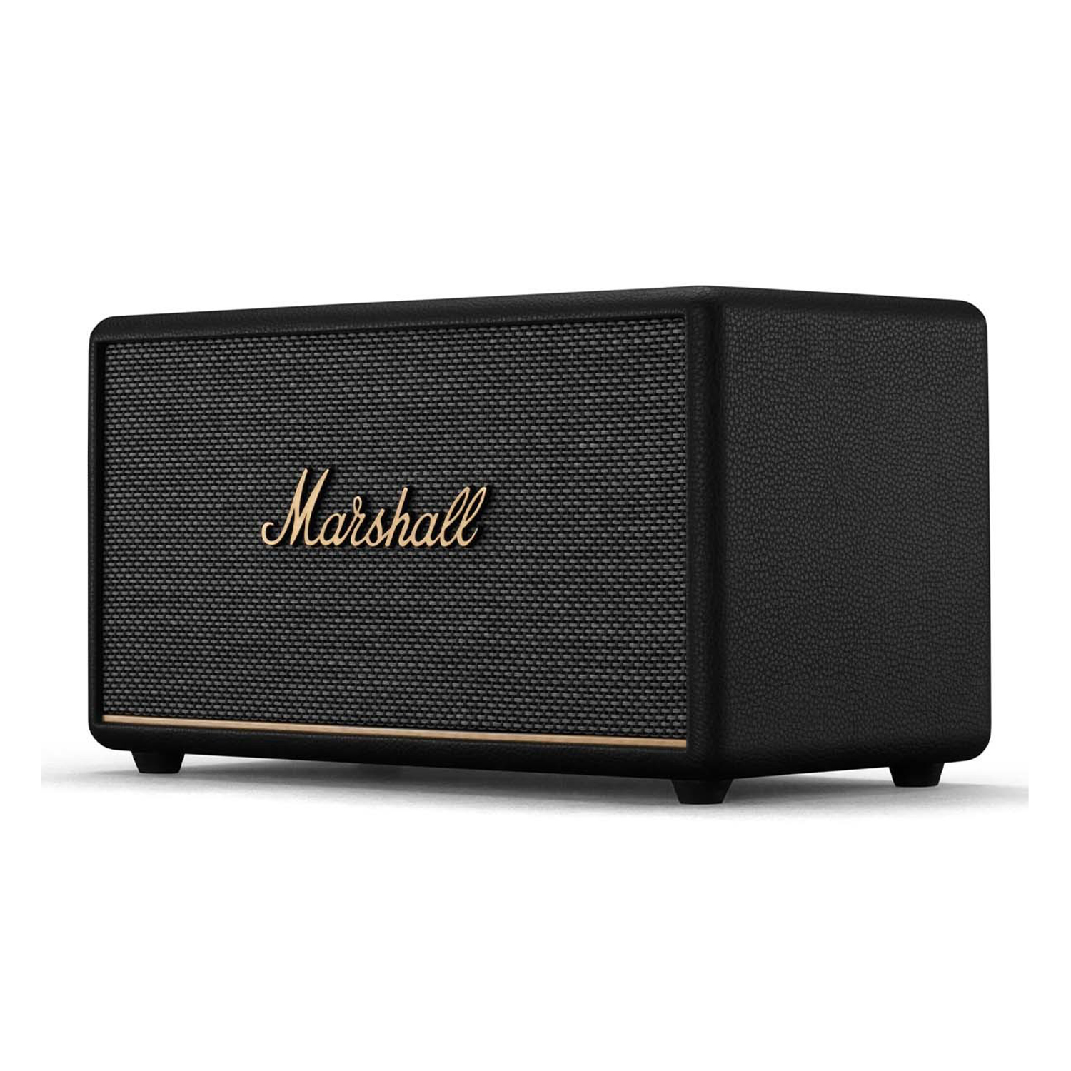 Altoparlante Marshall. Altoparlante nero con logo Marshall dorato. Sfondo scuro.