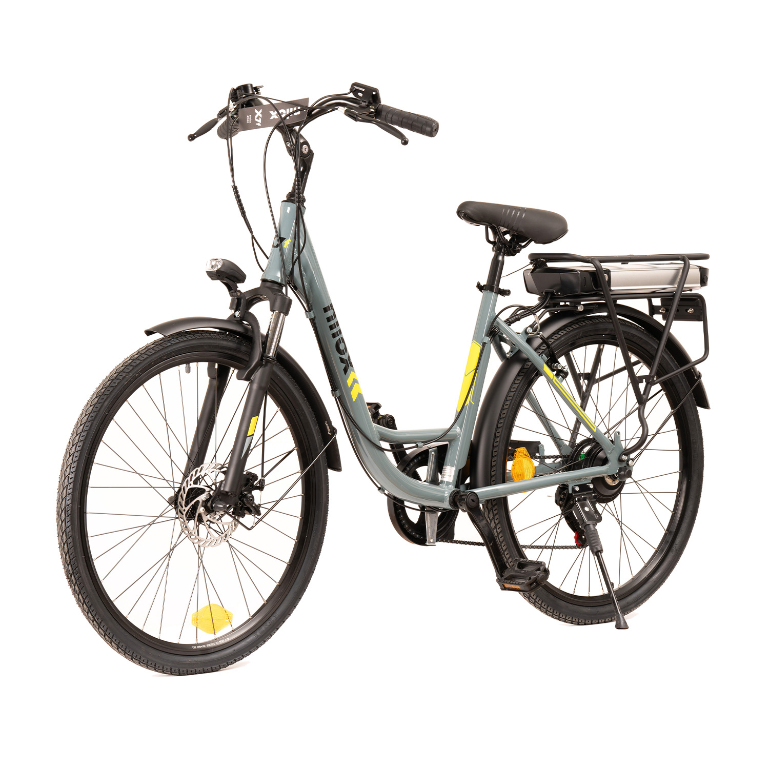 Bicicletta elettrica grigia e gialla. L'immagine è su sfondo bianco.