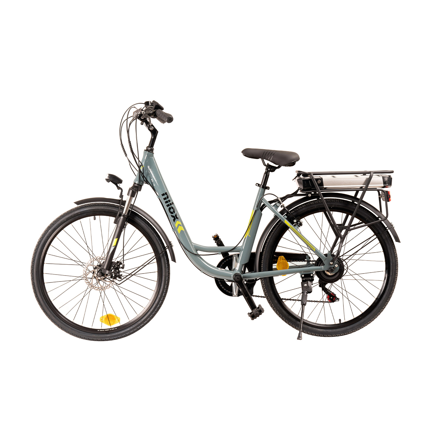 Bicicletta elettrica grigia, vista laterale. La bici ha sella e pneumatici neri. Il marchio 'nilox' è visibile.