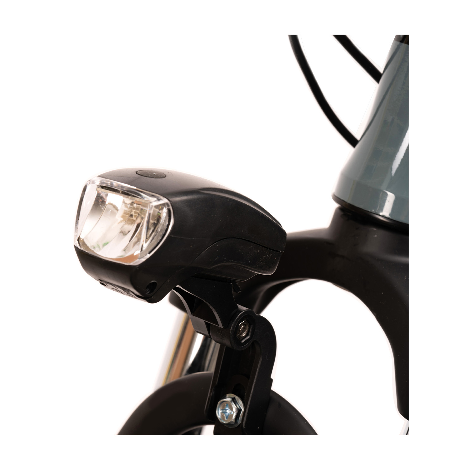 Faro per bicicletta. Luce nera sulla parte anteriore della bici. Sfondo bianco.