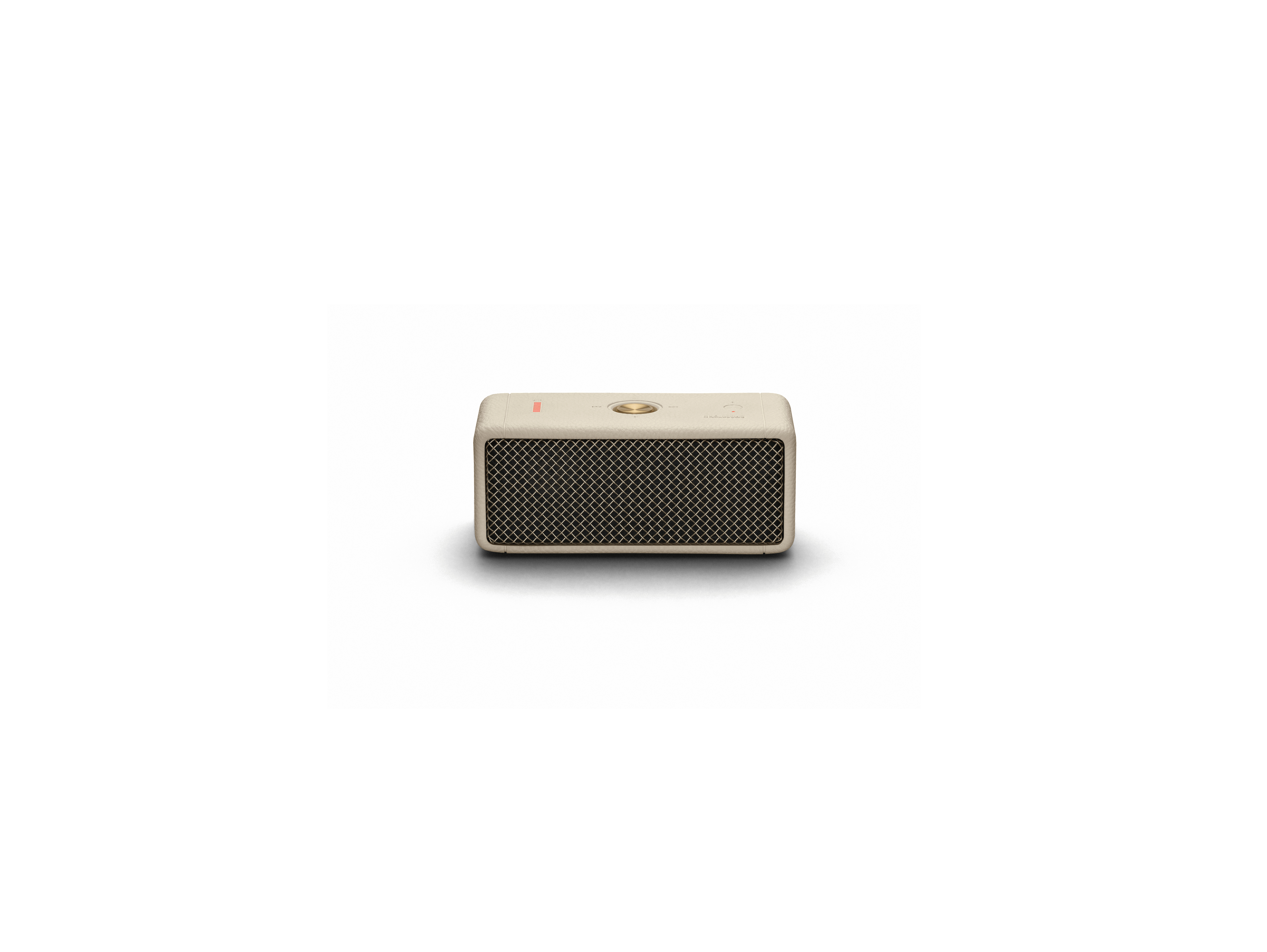 Beige Marshall-Lautsprecher. Schwarzer Grill. Die Oberseite hat Bedienelemente und Logo. Weißer Hintergrund.