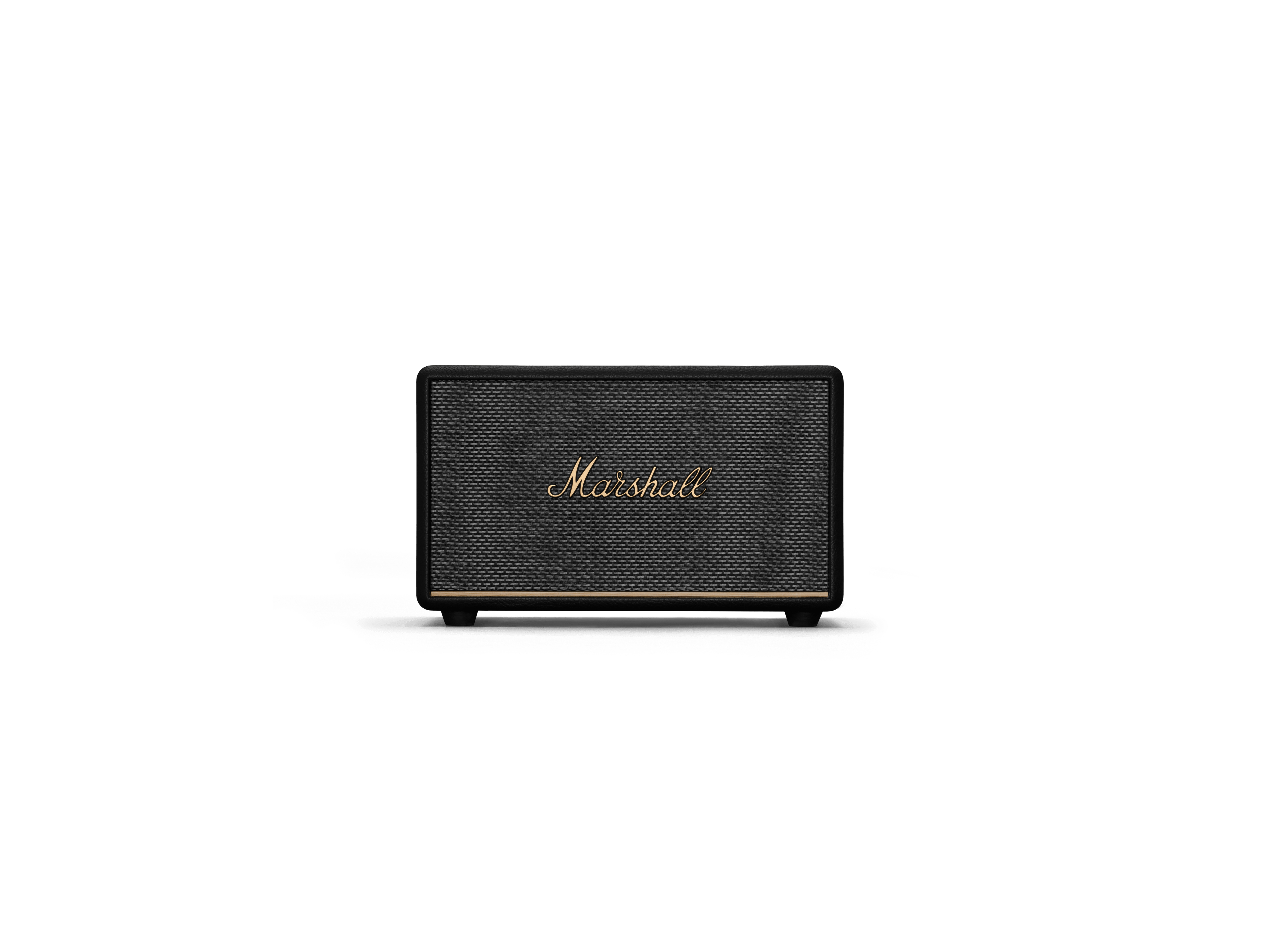 Schwarzer Marshall-Lautsprecher mit goldenem Marshall-Logo auf Weiß.