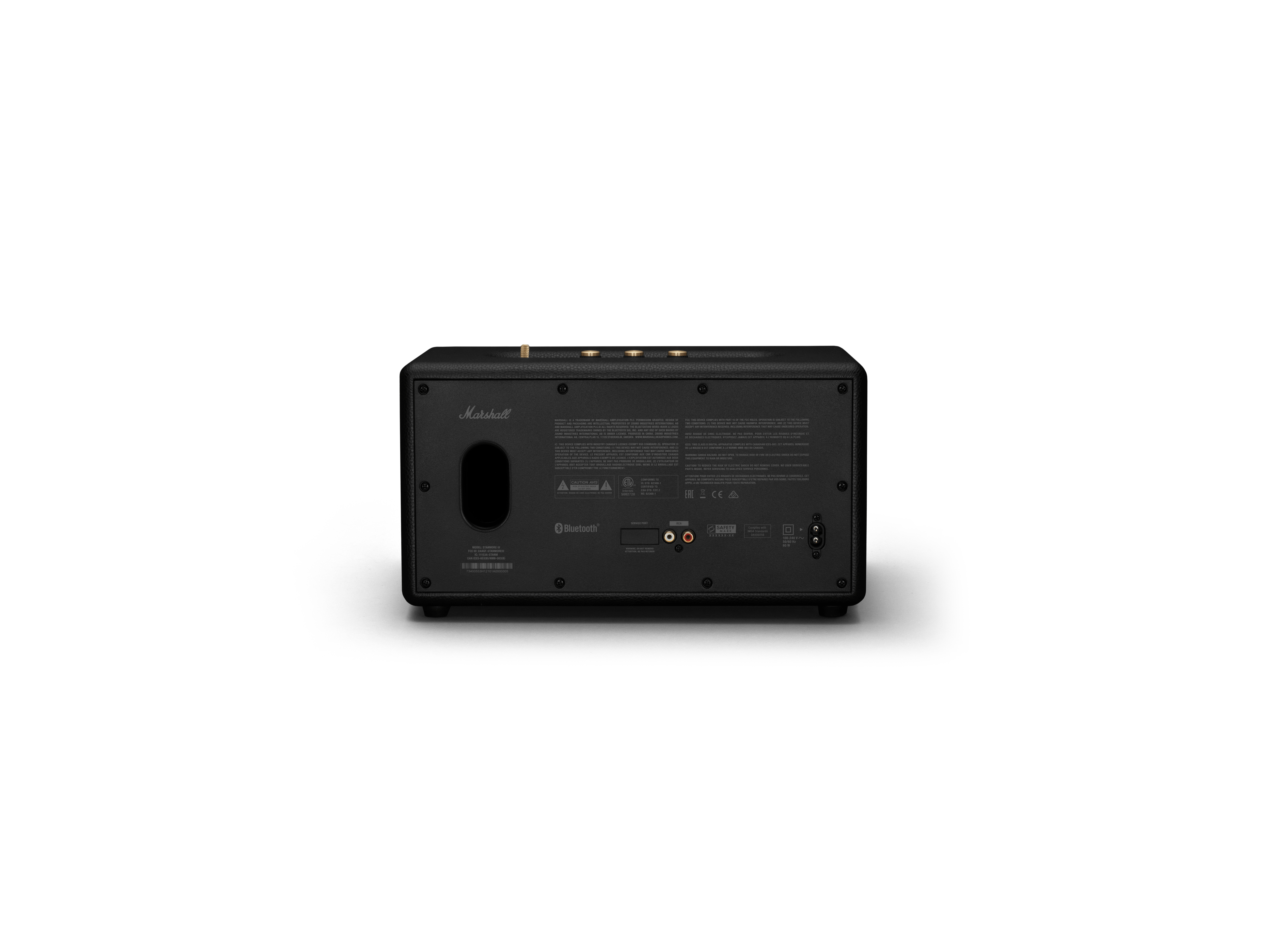 Rückseite eines schwarzen Marshall-Lautsprechers. Zeigt die Anschlüsse, Etiketten und das Bluetooth-Logo.