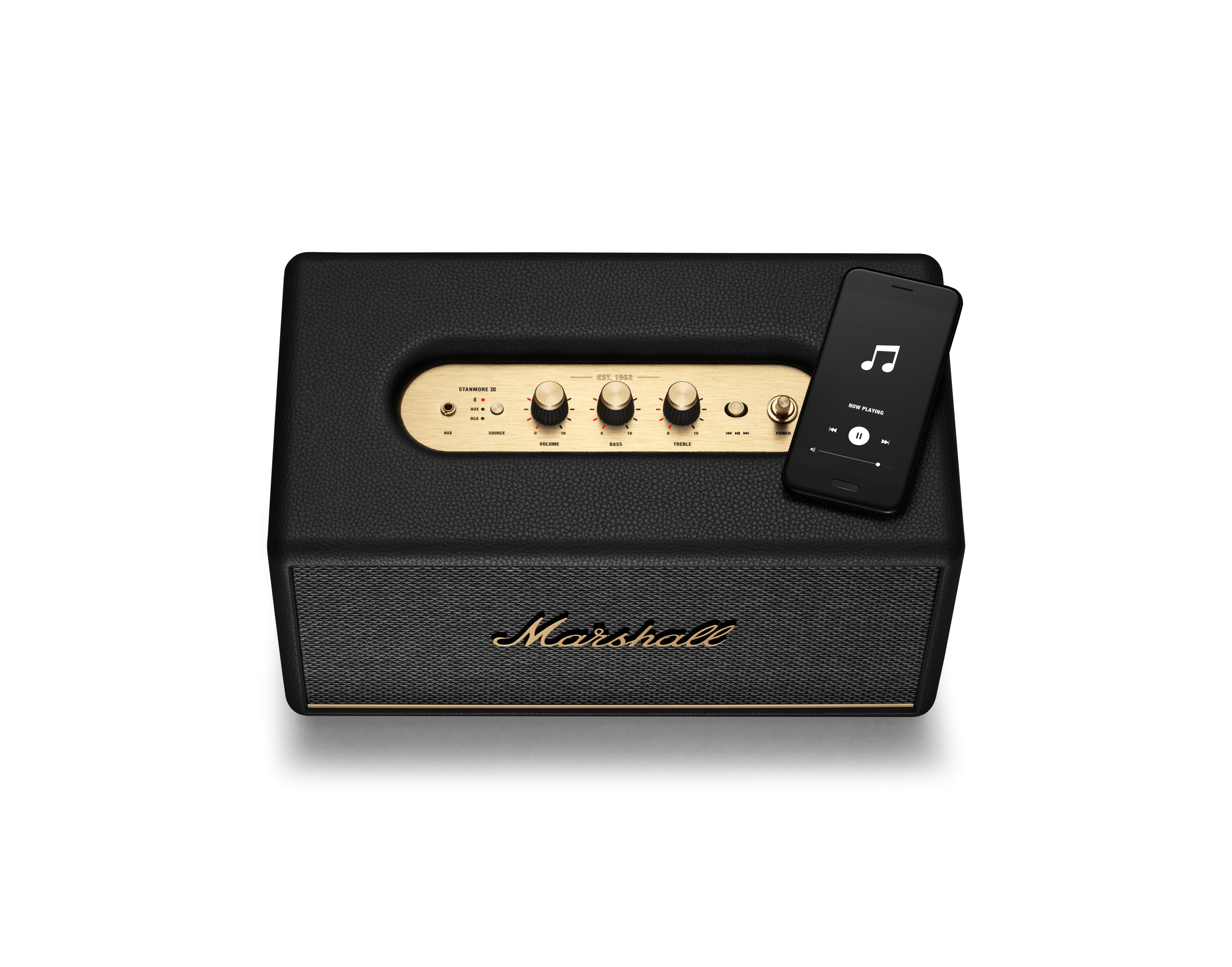 Schwarzer Marshall-Lautsprecher mit goldenen Akzenten. Ein Telefon spielt Musik.