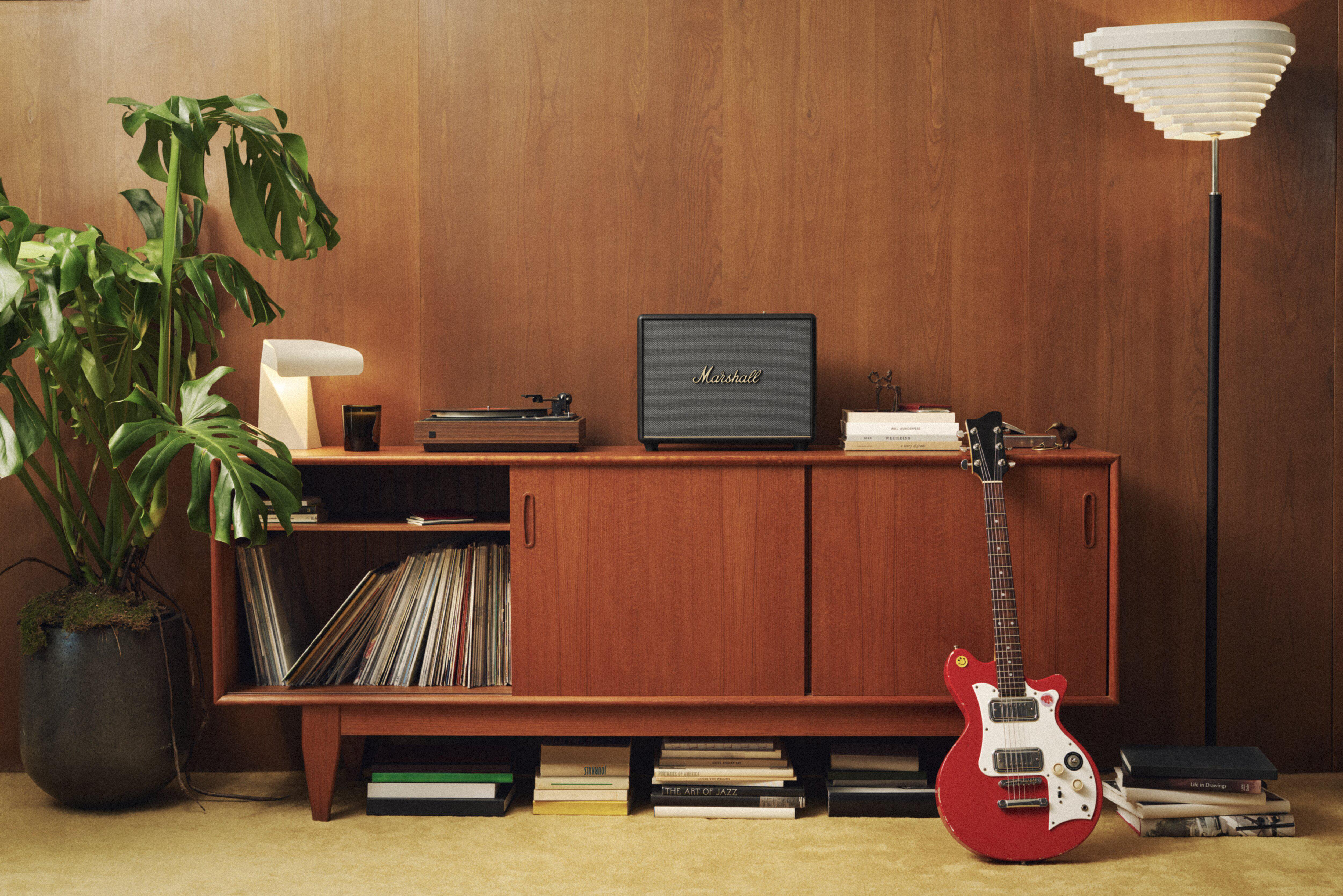 Wohnzimmer mit Lautsprecher, Gitarre und Pflanze.