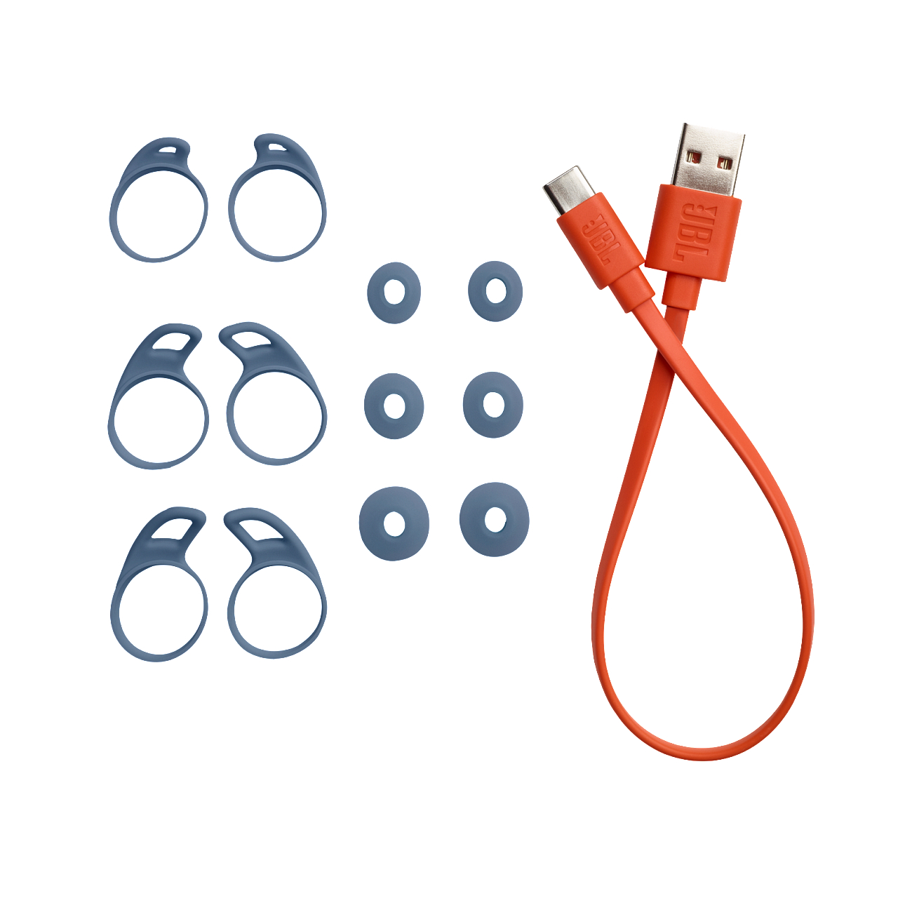 Ohrhörer-Spitzen und Ladekabel. Verschiedene Ohr-Spitzen in Grau und orangefarbenem Kabel.