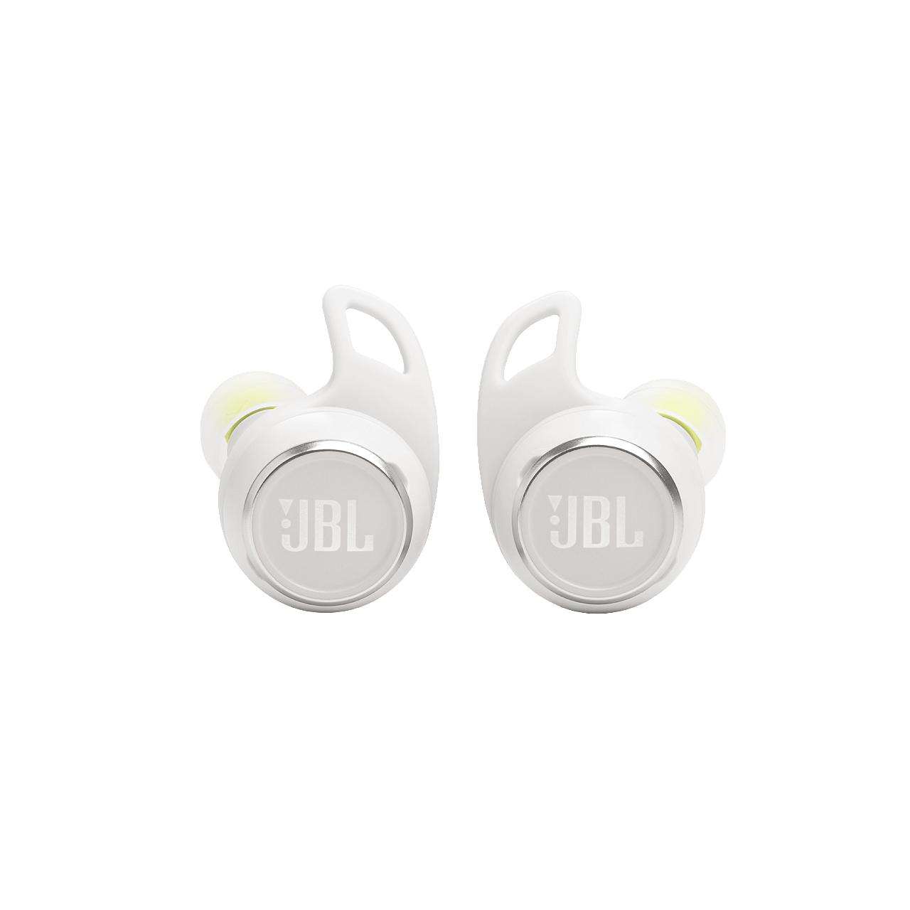 Paar weiße JBL Ohrhörer. Jeder hat ein JBL-Logo auf der Außenseite.