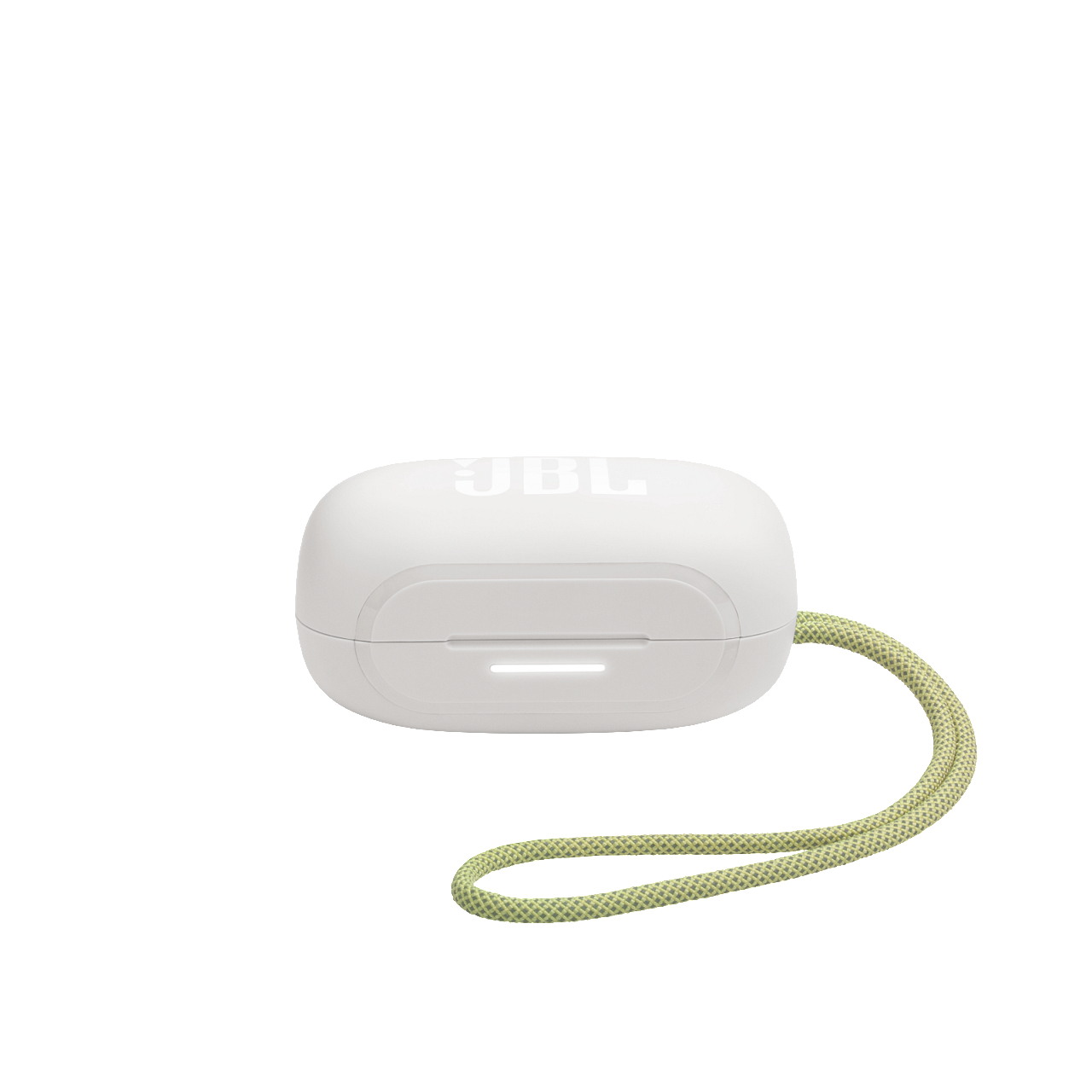 Weißes JBL-Kopfhörergehäuse mit grünem Kabel vor weißem Hintergrund.