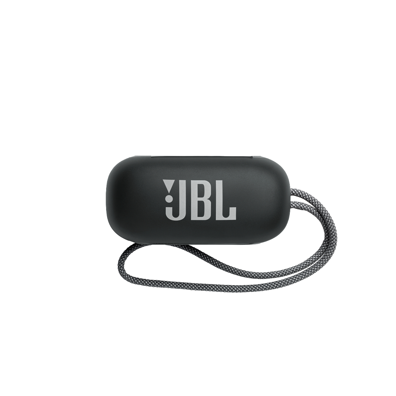 Schwarzes JBL-Kopfhörer-Etui mit grauem Riemen auf weißem Hintergrund.
