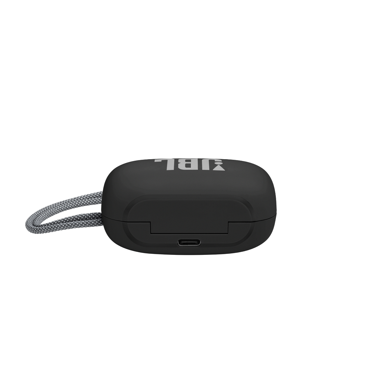 Schwarzes Kopfhörer-Etui mit 'JBL' oben. Ein grauer Riemen verläuft nach links. USB-Anschluss sichtbar. Weiß.