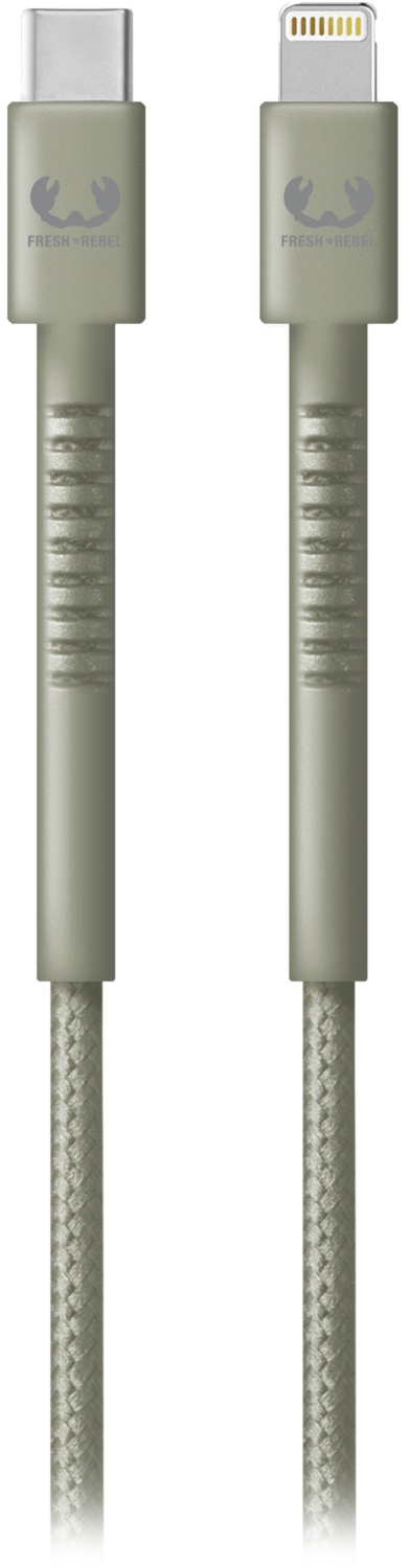 Twee olijfgroene oplaadkabels met USB-C- en Lightning-connectoren, witte achtergrond.