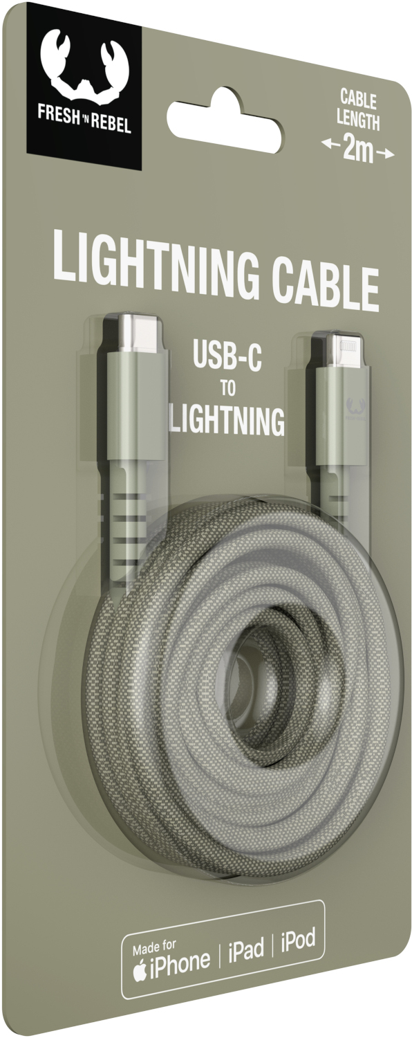 Lightning-kabel in een plastic verpakking. De kabel is grijs en de verpakking is groen en wit.