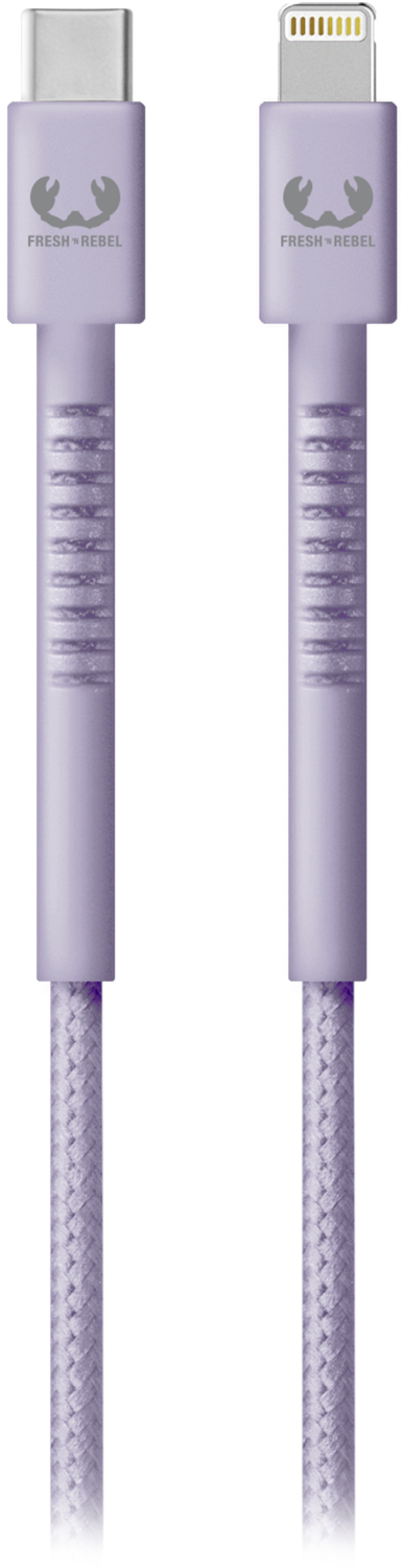 Two purple USB cables, one USB-C and one Lightning, on a white background.