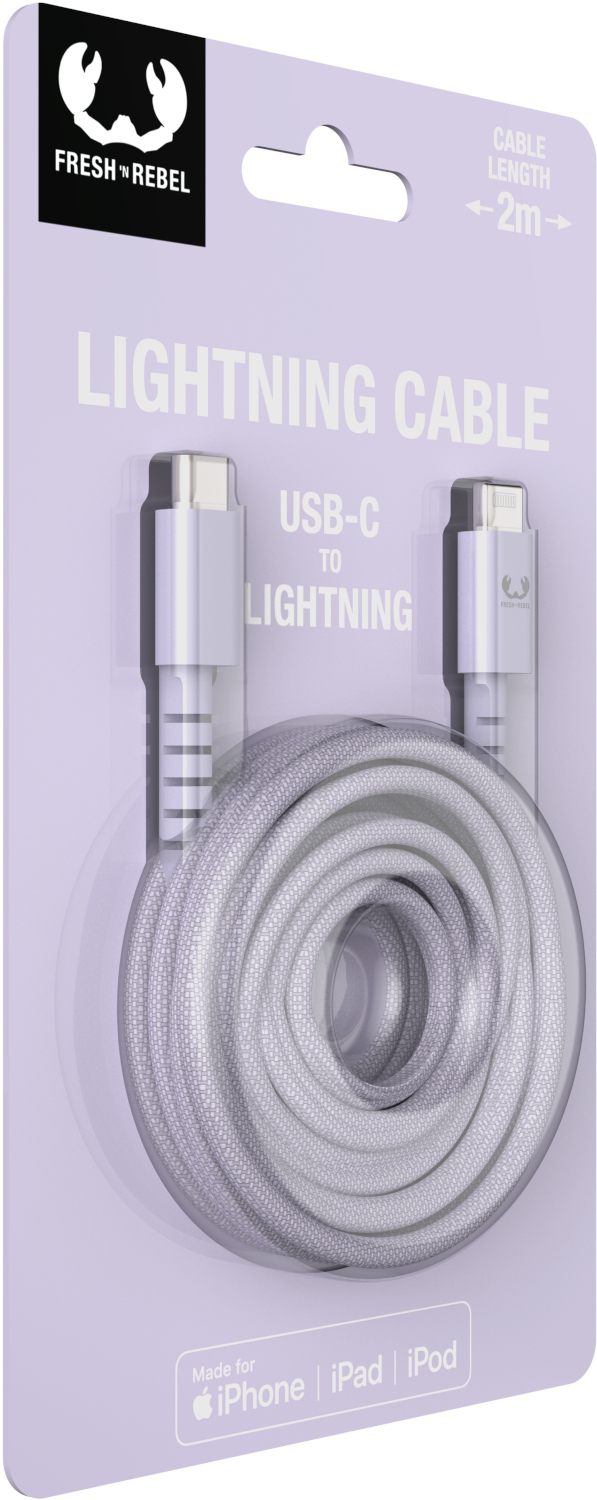 Lightning cable in packaging. White cable, purple packaging. White background.