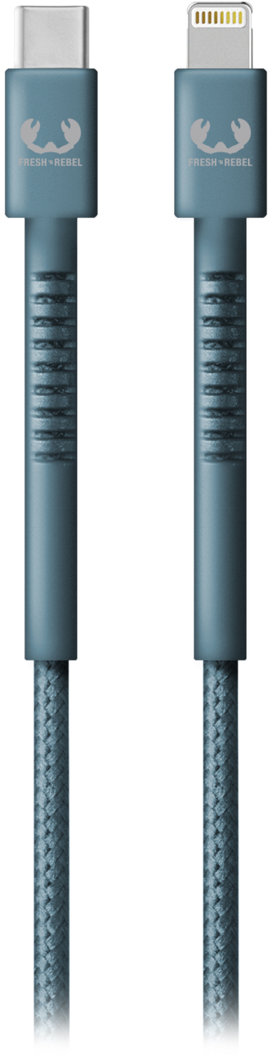 Deux câbles bleus USB-C et Lightning, côte à côte. Les câbles portent le logo 'Fresh Rebel'.