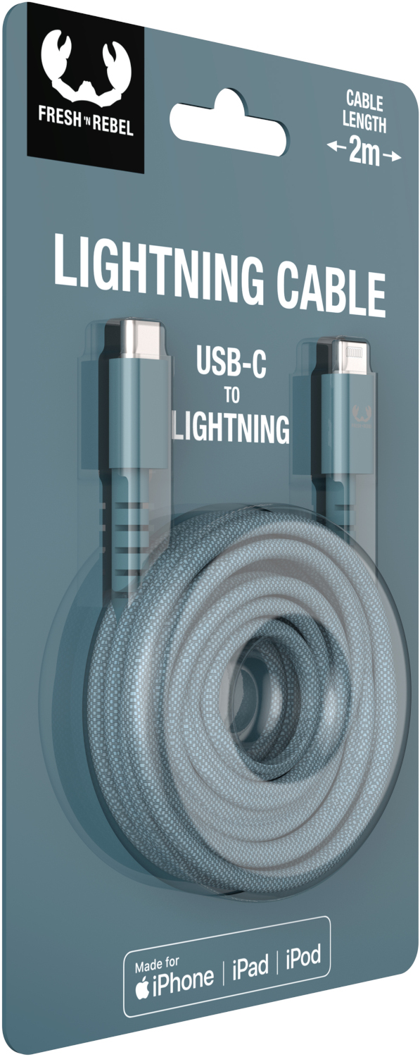 L'emballage du câble montre un câble gris enroulé USB-C vers Lightning. L'emballage porte la marque Fresh 'n Rebel.