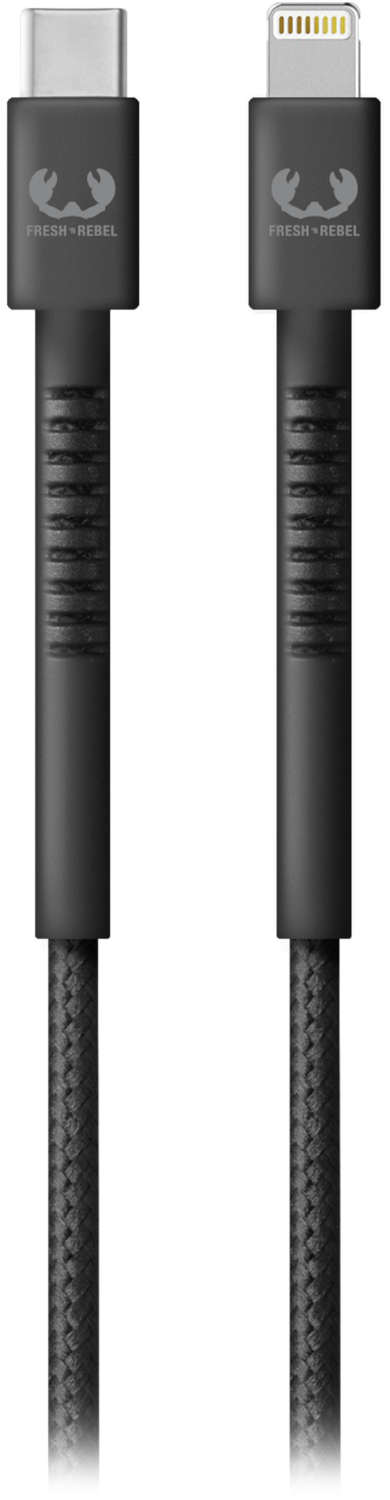 Two black charging cables, one with a USB-C connector and the other with a lightning connector.