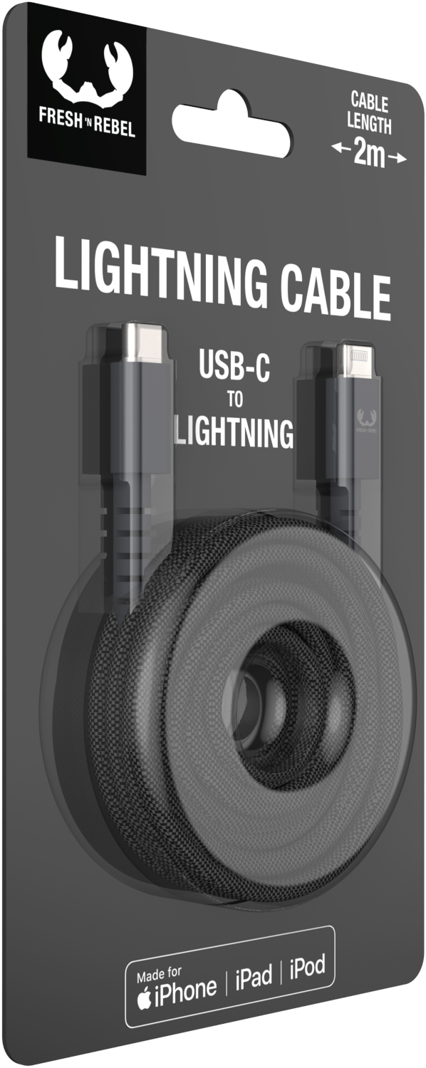 Black USB-C to Lightning cable in a Fresh 'n Rebel package.