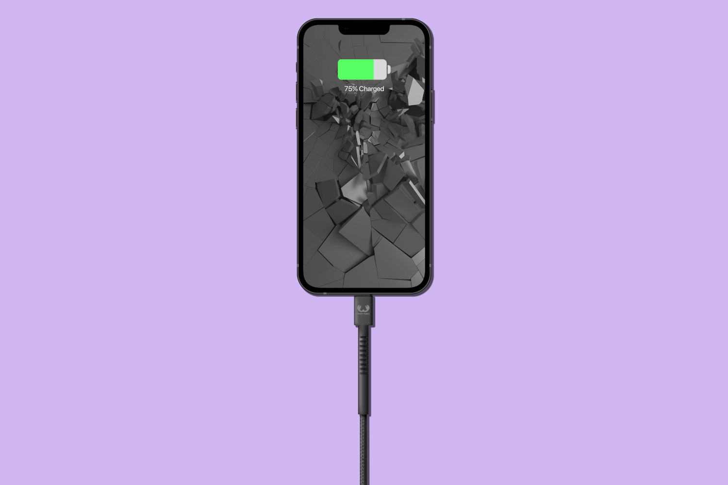 A smartphone charging, with a cracked screen graphic, on a purple background. Battery is 76%.