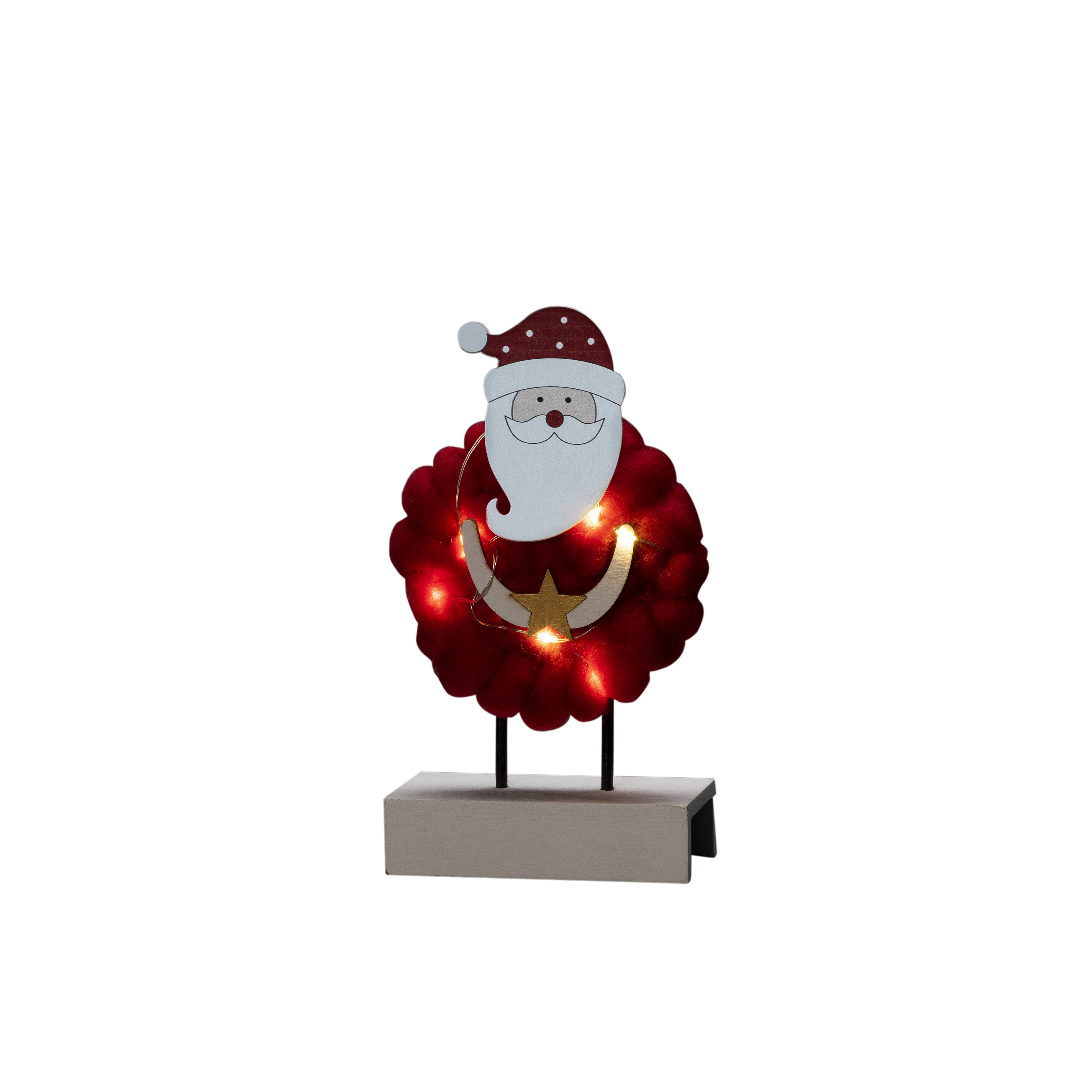 Weihnachtsdekoration aus Holz mit rotem Kranz und Lichtern, stehend auf einem Holzsockel.