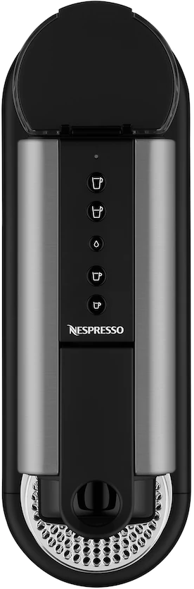 Macchina Nespresso nera, vista dall'alto. Lati argentati e spie luminose visibili.
