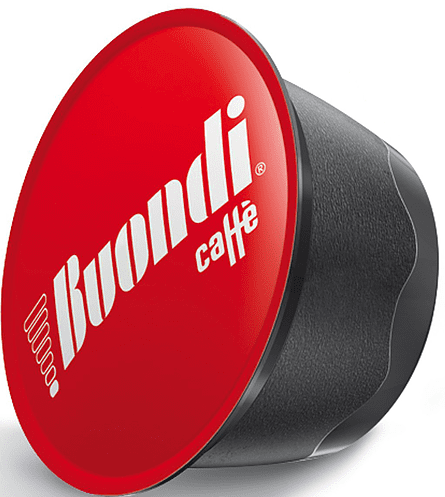 Una capsula di caffè rossa e nera con il logo Buondi.