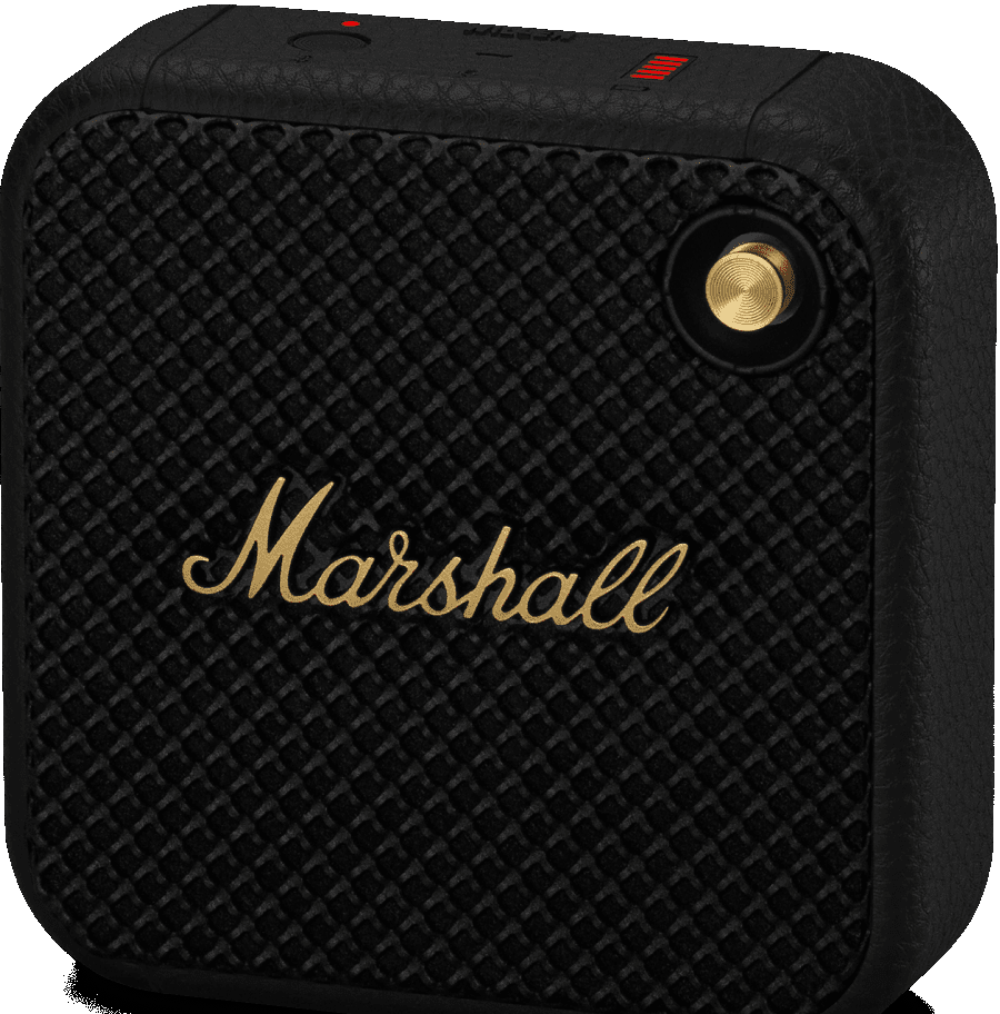 Schwarzer Marshall-Lautsprecher mit goldenem Marshall-Logo, goldenem Knopf und schwarzer strukturierter Oberfläche.