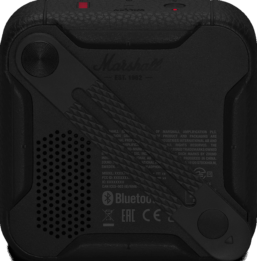 Ein schwarzer Marshall-Lautsprecher, der die Rückseite mit Tasten und einem Bluetooth-Logo zeigt.