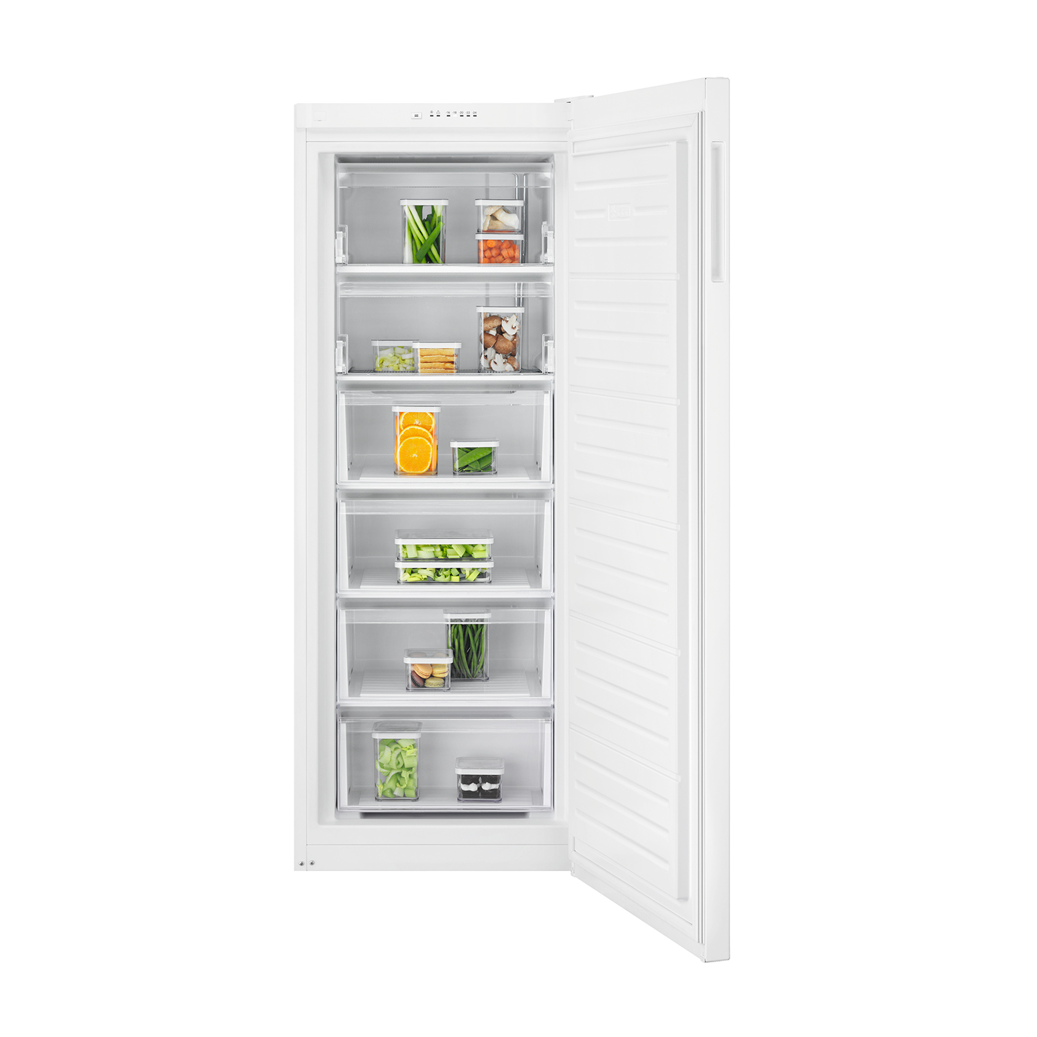 Freezer bianco con porta aperta. Contiene cassetti con vari alimenti all'interno.