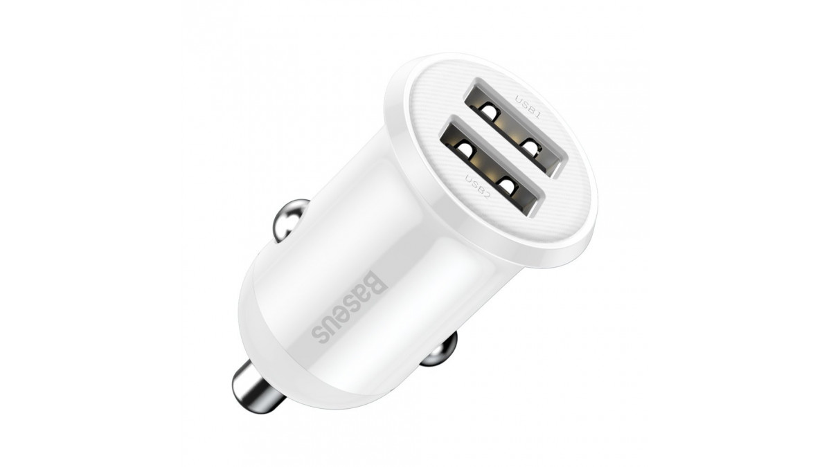 İki USB portlu beyaz bir araç şarj cihazı, 'Baseus' metniyle.